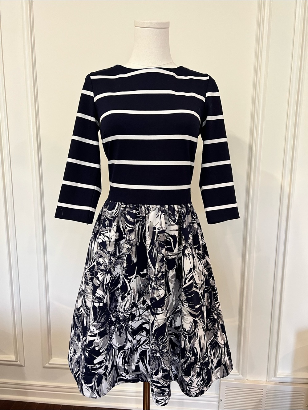 Striped Top Tropical Floral Skirt Fit Flare Dress With Pockets Euro Summer 6